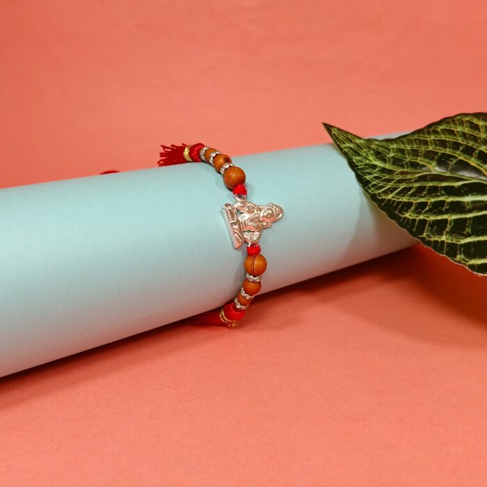 Pure Silver Lord shiv Rakhi with Sandalwood Beads & Decorative Tassels