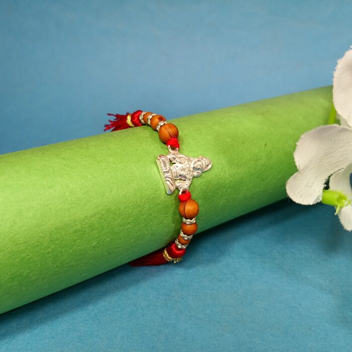 Pure Silver Lord shiv Rakhi with Sandalwood Beads & Decorative Tassels