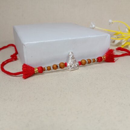 Pure Silver Lord shiv Rakhi with Sandalwood Beads & Decorative Tassels