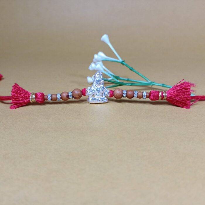 Pure Silver Lord shiv Rakhi with Sandalwood Beads & Decorative Tassels