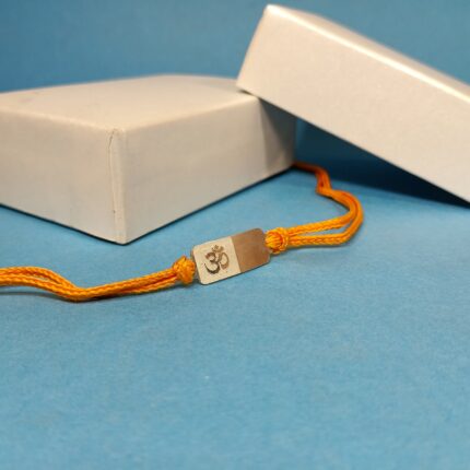 925 Silver "Om" Rakhi with Pink Accent and Saffron Thread