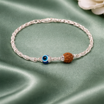 Pure Silver Evil Eye & Rudraksha Bracelet – Protection & Positivity