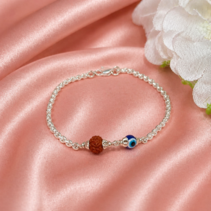 Single Evil Eye And Rudraksha Pure Silver Bracelet
