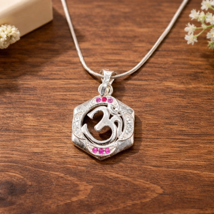 Pure Silver Om Pendant – Hexagon Frame with Ruby Pink CZ Stones