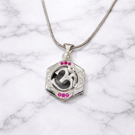 Pure Silver Om Pendant – Hexagon Frame with Ruby Pink CZ Stones