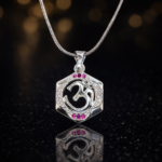 Pure Silver Om Pendant – Hexagon Frame with Ruby Pink CZ Stones