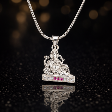 Silver Seated Ganesha Pendant – Elegant Design with Pink & White CZ Accents