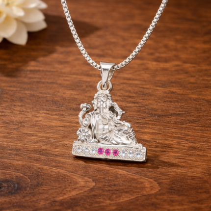 Silver Seated Ganesha Pendant – Elegant Design with Pink & White CZ Accents