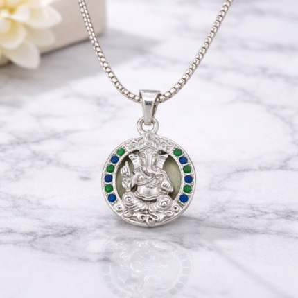 Pure Silver Lord Ganesha Pendant – Oval Frame with Green & Blue CZ Stones
