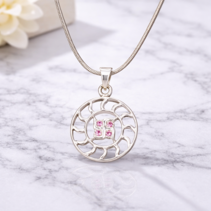 Pure Silver Swastik Pendant – Radiant Sun Motif with Pink CZ Stones