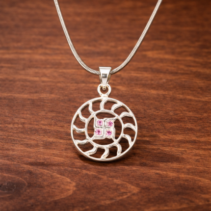 Pure Silver Swastik Pendant – Radiant Sun Motif with Pink CZ Stones