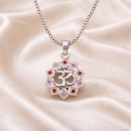 Pure Silver Om Pendant with Red & Pink CZ – Lotus Mandala Design