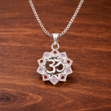 Pure Silver Om Pendant with Red & Pink CZ – Lotus Mandala Design