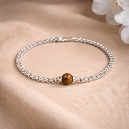Elegant Pure Silver Bracelet with Tiger Eye Bead