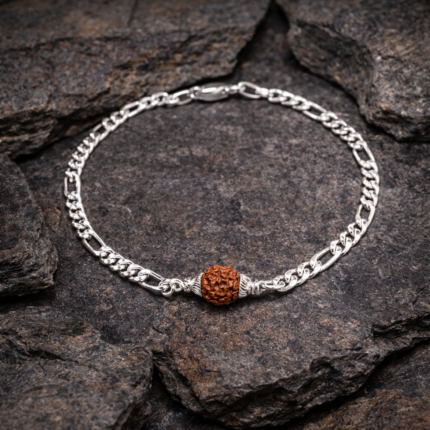 Figaro Chain Pure Silver Bracelet with Rudraksha Bead