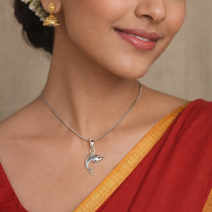 Silver Dolphin Pendant – Graceful Ocean Charm with Red CZ Eye (only pendant)