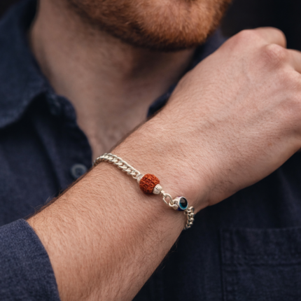 Bold Pure Silver Bracelet with Evil Eye & Rudraksha Beads