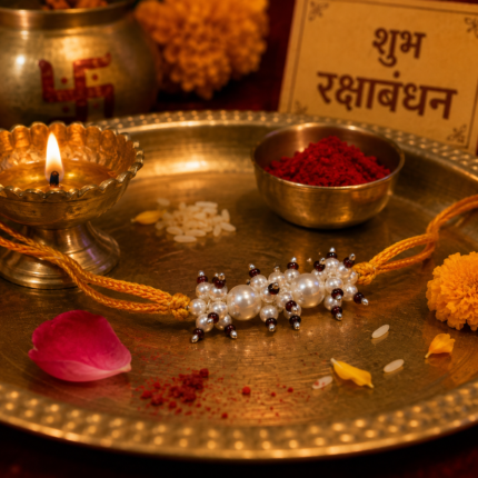 925 Silver Pearl Cluster Rakhi with Elegant Bead Detailing