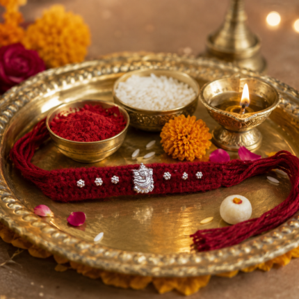 Pure Silver Ganesha Rakhi – Sacred Protection Thread in Maroon