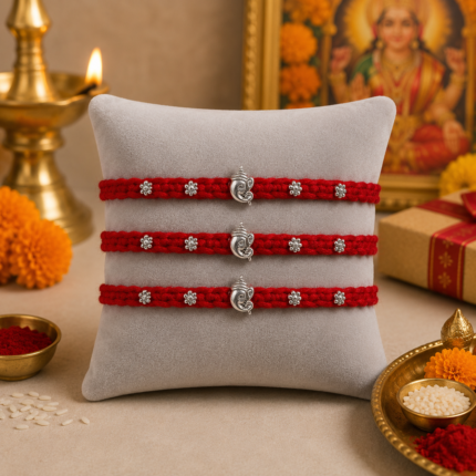 Tridev Ganesh Rakhi Set – 925 Silver Floral Charm Rakhis