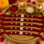 Pure Silver Square Ganesha Rakhi – Traditional Red Thread with Divine Charm (5 pieces)