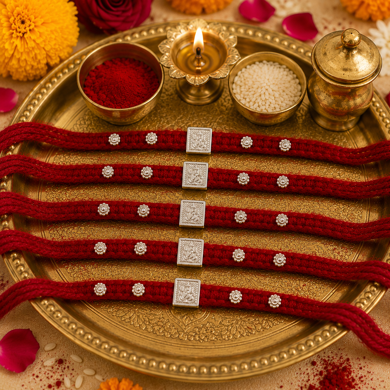 ChatGPT Image Jul 6, 2026, 04_39_55 PM Pure Silver Square Ganesha Rakhi – Traditional Red Thread with Divine Charm (5 pieces)