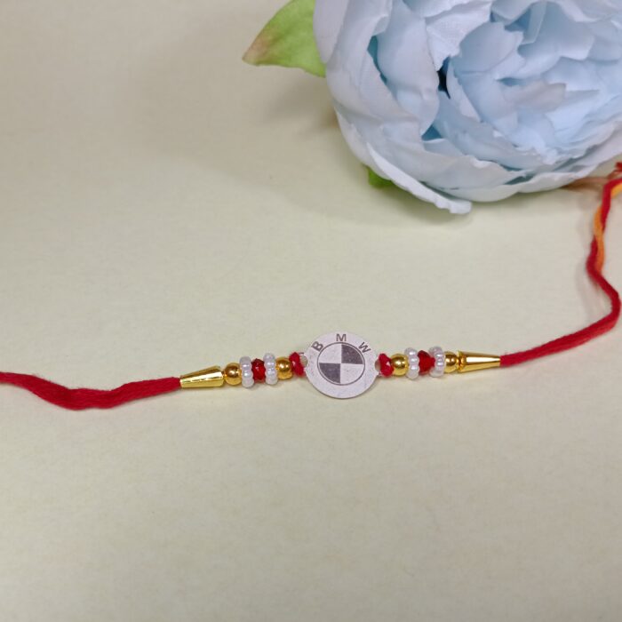 925 Silver BMW Logo Rakhi with Pearl & Bead Accents