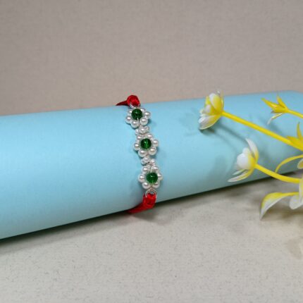 925 Silver Floral Rakhi with Green Beads