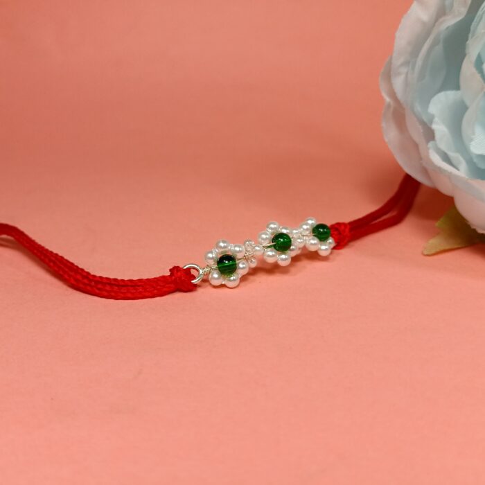 925 Silver Floral Rakhi with Green Beads