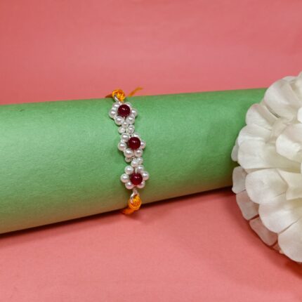 925 Silver Floral Rakhi with Red Beads