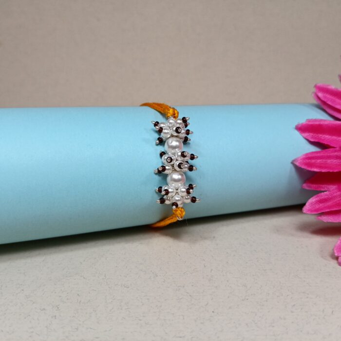 925 Silver Pearl Cluster Rakhi with Elegant Bead Detailing