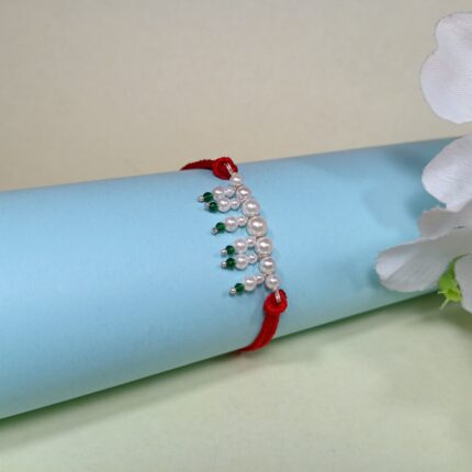 925 Silver Green Pearl Rakhi on Red Thread