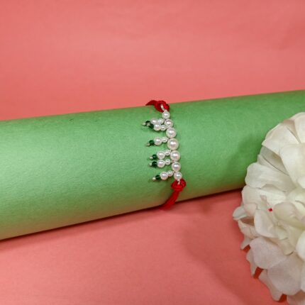 925 Silver Green Pearl Rakhi on Red Thread
