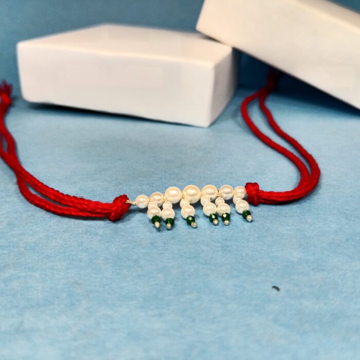 925 Silver Green Pearl Rakhi on Red Thread