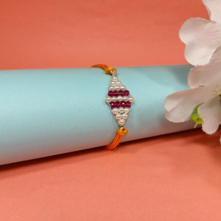 925 Silver Rakhi with Pearl & Ruby Beads on Orange Thread
