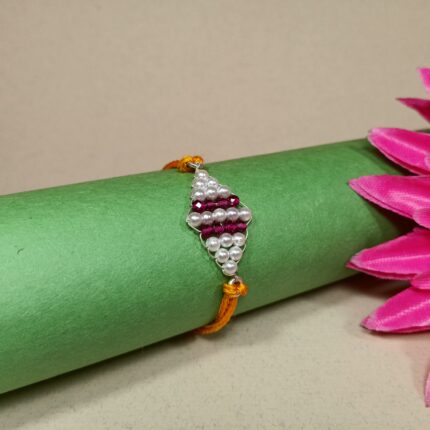 925 Silver Rakhi with Pearl & Ruby Beads on Orange Thread