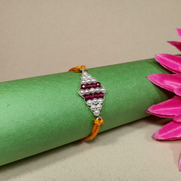 925 Silver Rakhi with Pearl & Ruby Beads on Orange Thread