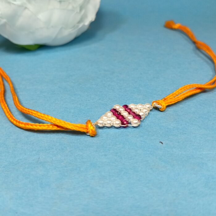 925 Silver Rakhi with Pearl & Ruby Beads on Orange Thread