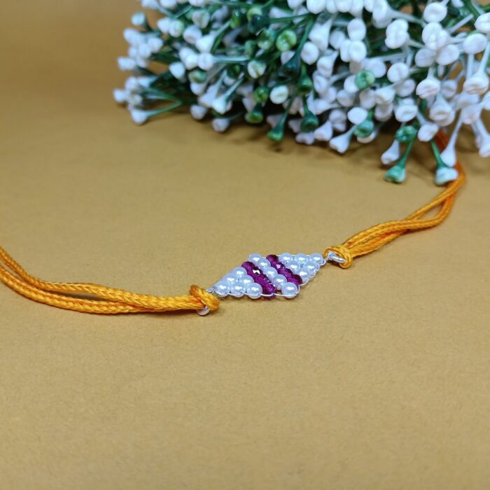 925 Silver Rakhi with Pearl & Ruby Beads on Orange Thread