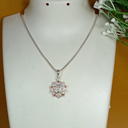 Pure Silver Om Pendant with Red & Pink CZ – Lotus Mandala Design