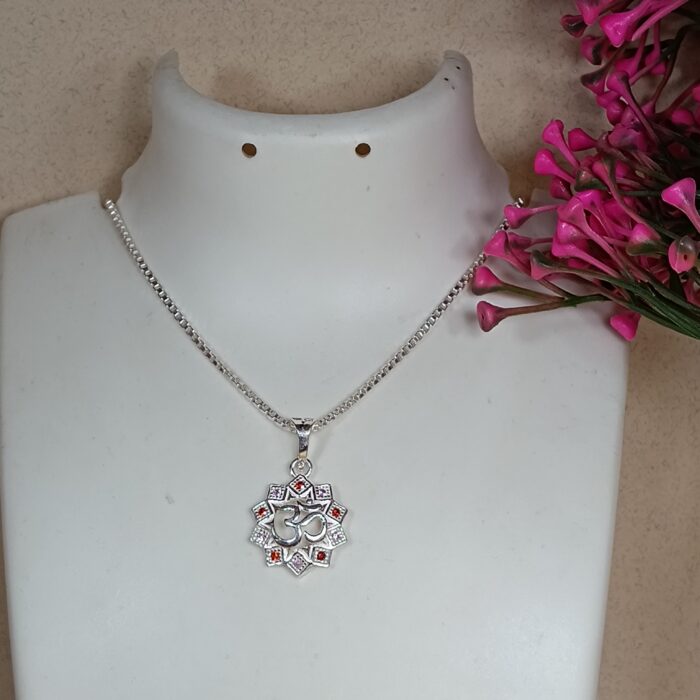 Pure Silver Om Pendant with Red & Pink CZ – Lotus Mandala Design
