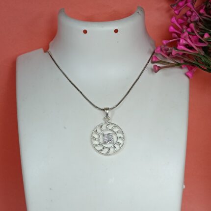 Pure Silver Swastik Pendant – Radiant Sun Motif with Pink CZ Stones