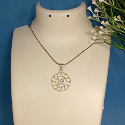 Pure Silver Swastik Pendant – Radiant Sun Motif with Pink CZ Stones