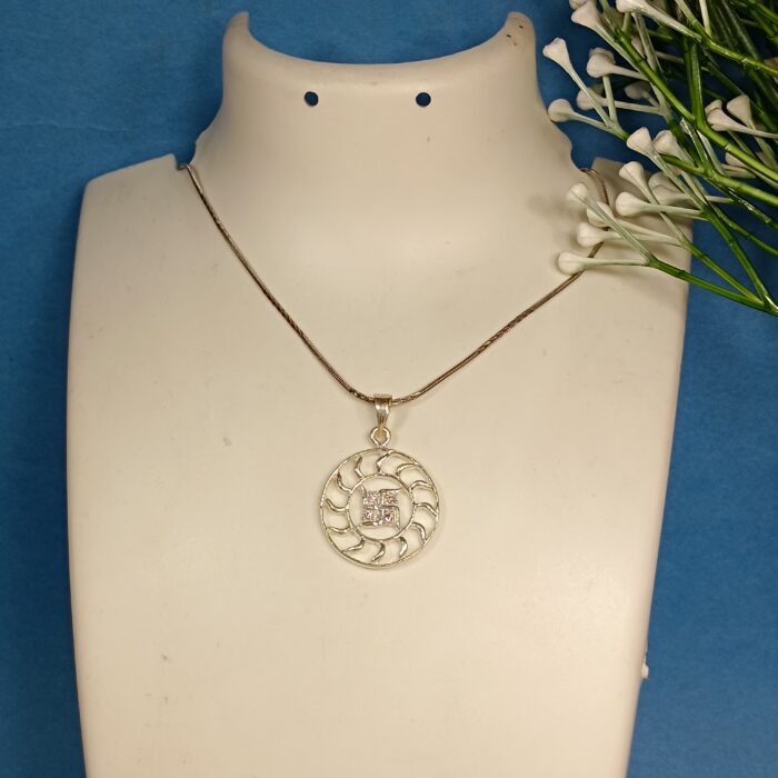 Pure Silver Swastik Pendant – Radiant Sun Motif with Pink CZ Stones