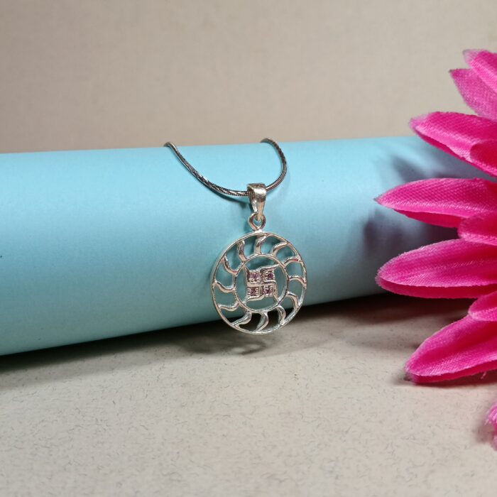 Pure Silver Swastik Pendant – Radiant Sun Motif with Pink CZ Stones