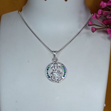 Pure Silver Lord Ganesha Pendant – Oval Frame with Green & Blue CZ Stones