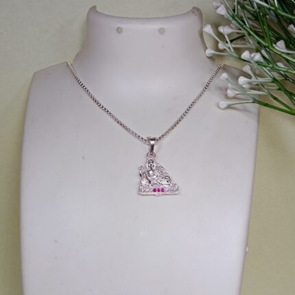 Silver Seated Ganesha Pendant – Elegant Design with Pink & White CZ Accents