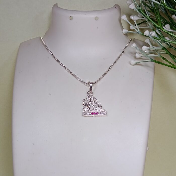 Silver Seated Ganesha Pendant – Elegant Design with Pink & White CZ Accents