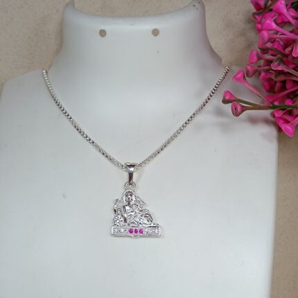 Silver Seated Ganesha Pendant – Elegant Design with Pink & White CZ Accents