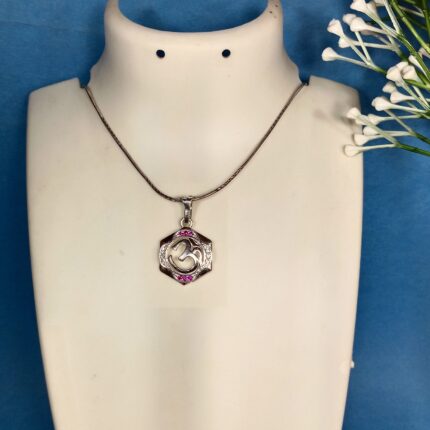 Pure Silver Om Pendant – Hexagon Frame with Ruby Pink CZ Stones